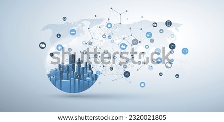 Internet of Things, Cloud Computing Design Concept with Transparent Globe, City, World Map and Icons Representing Devices and Services - Global Digital Network Connections, Smart Technology Concept