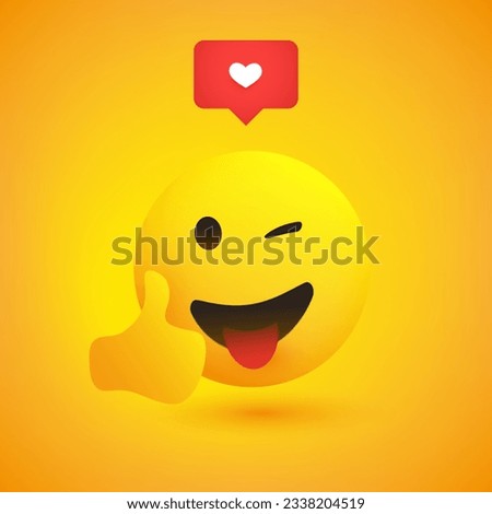 Smiling and Winking Cheerful Emoji with Tongue Sticking Out, Showing Thumbs Up - Simple Shiny Happy Emoticon with Red Speech Bubble on Yellow Background - Vector Design Concept