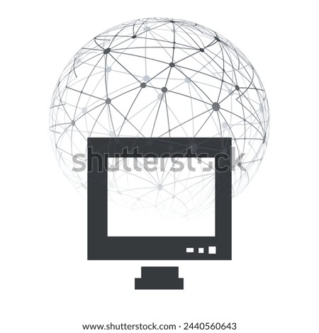 Abstract Cloud Computing and Global Network Connections Concept Design with Wireframe Globe, Computer Monitor, Transparent Geometric Mesh on White Background - Isolated Illustration, Vector Format