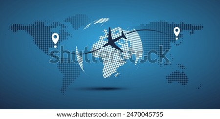 Traveling Around the World - Travel by Airplane - Dark Blue World Map and Earth Globe Design with Plane Flying in an Intercontinental Route to the Destination