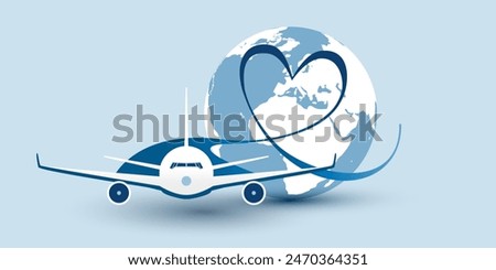 I Love Traveling All Around the World Concept, Vector Illustration - Earth Globe Design with Flying Airplane Leaves Blue Vapor Trail, a Heart Shaped Trace