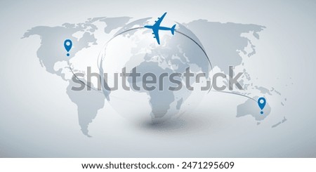 Traveling Around the World - Travel by Airplane - World Map and Earth Globe Design with Plane Flying in an Intercontinental Route to the Destination