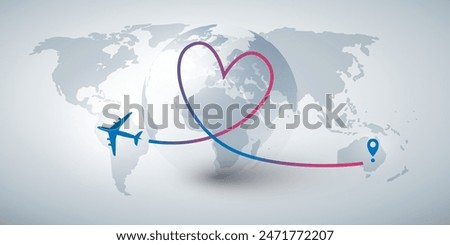 I Love Traveling - Air Transport, Tourism Concept, Vector Illustration - Design with Flying Airplane on an Intercontinental Long Distance Route Leaves a Colorful Heart Shaped Trace on a Gray World Map