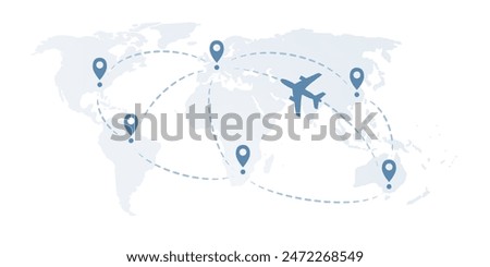 Traveling Around the World - Air Transportation Concept, Travel by Airplane - World Map and Earth Globe Design with Plane Flying Intercontinental Routes to Various Destinations