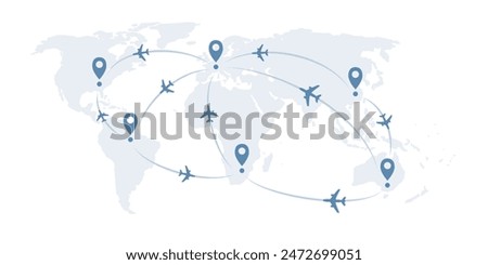 Traveling Around the World - Air Transportation Concept, Travel by Airplane - World Map and Earth Globe Design with Plane Flying Intercontinental Routes to Various Destinations