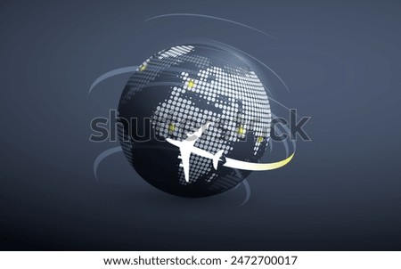 Traveling Around the World - Travel by Airplane Concept - Dark Grey Spinning Earth Globe Design with Plane Flying Around