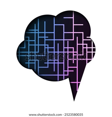 Futuristic Round Cloud Shaped Speech Bubble with Neon Network Grid Pattern, Isolated on White - A Modern AI, Technology Concept in Blue, Purple and Pink Crossing Lines