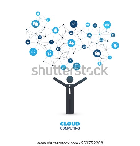 Cloud Computing Design Concept with a Standing Business Man and Icons - Digital Network Connections, Technology Background