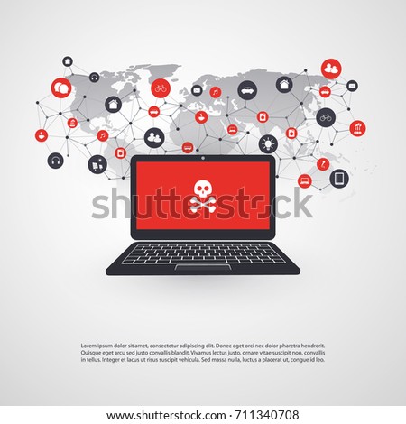 Network Vulnerability - Virus, Malware, Ransomware, Fraud, Spam, Phishing, Email Scam, Hacker Attack - IT Security Concept Design, Vector illustration