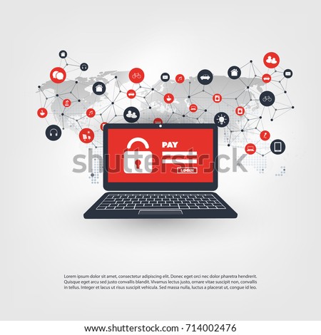 Network Vulnerability, Locked Device, Encrypted Files, Lost Documents, Ransomware Attack - Virus, Malware, Fraud, Spam, Phishing, Email Scam, Hacker Attack - IT Security Concept, Vector illustration