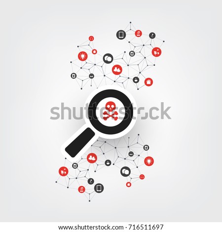 Security Audit, Virus Scanning, Cleaning, Eliminating Malware, Ransomware, Fraud, Spam, Phishing, Email Scam, Hacker Attack Effects and Damage - IT Security Concept Design, Vector illustration