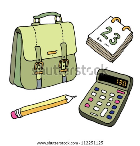 Briefcase, pencil, calculator, calendar