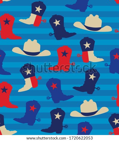 Cowboy Boot and Hat Americana Seamless Repeat Tile - Vector Stipe - Red, White and Blue