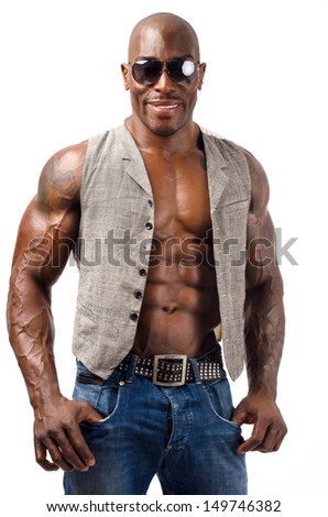 Black Bodybuilder Smiling Wearing A Vest And Sunglasses.Strong Man With ...