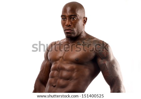 Black Bodybuilder Topless, Showing His Muscles. Strong Man With Perfect ...