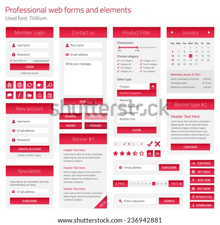 Professional set of web forms and elements on light background