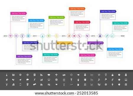 Modern flat timeline with rainbow colors and set of icons