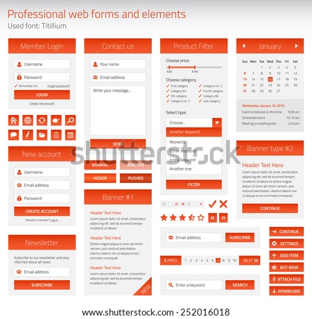 Professional set of orange web forms and elements on light background
