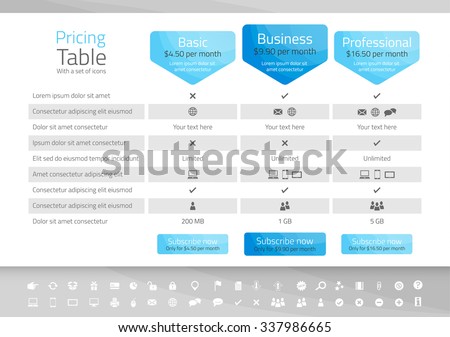 Light pricing table with 3 options. Icon set included