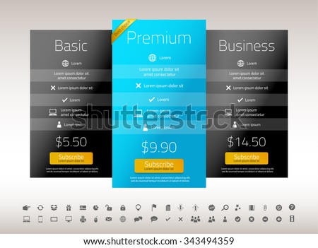 Modern pricing list with one preferred option with yellow corner ribbon. Blue and black color combination. Set of icons included. 