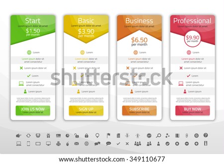 Light pricing list with 4 options. Different shapes of tables. Icon set included