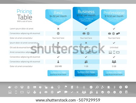 Light pricing table with 3 options. Icon set included