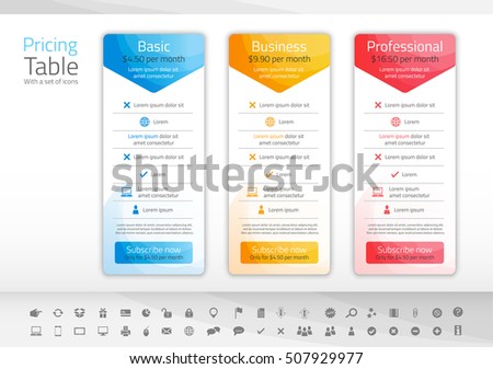 Light pricing table with 3 options in blue, yellow and red color scheme. Icon set included