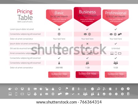 Light pricing table in red color with 3 options. Icon set included