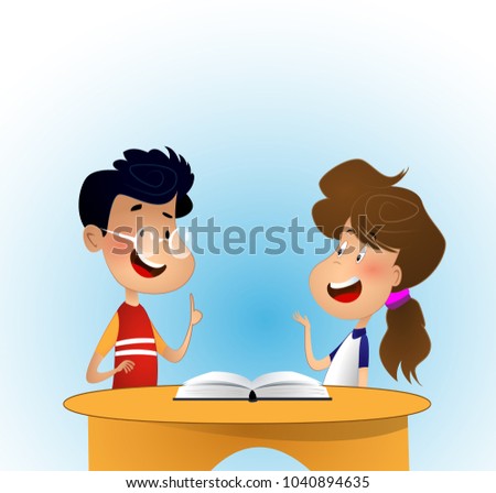 Two children discussing some book. Preschool activities and early childhood education. Vector cartoon illustration