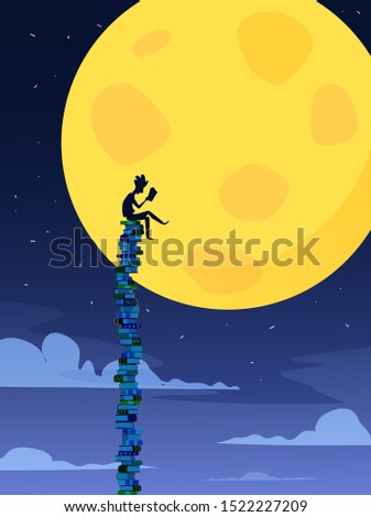 Guy reads a book while sitting on a huge stack of books. Love to read concept illustration. Vector