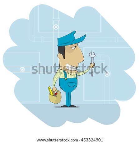 Cartoon plumber that dressed in work clothes and carrying tool. Vector