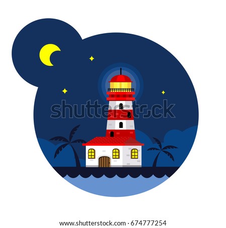Lighthouse in the night. Tropical vector background. Beacon for navigation illustration