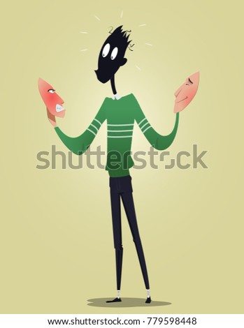 The guy holds two masks with different emotions. The concept of duplicity, lies and licimerium. Cartoon vector