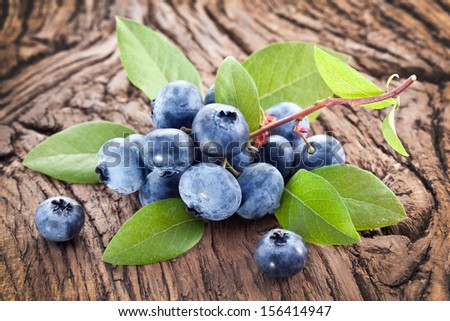 Blueberries with leaves on a wooden table. Studio isolated.