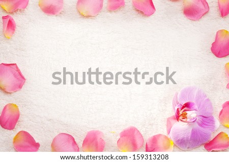 Rose petals arranged as a frame on a white towel.
