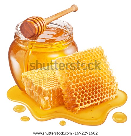 Glass pot of honey, honeycombs and sweet sticky honey puddle isolated on white background.