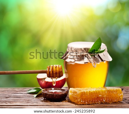 Glass can full of honey, apple and combs on wooden table at the nature background.