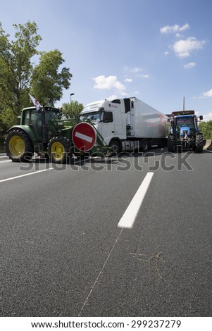 LYON, FRANCE - JULY 23, 2015 : French farmers protest on July 23, 2015 in Lyon. Farmers are demanding better purchase price of their products with great stores.