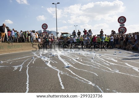 LYON, FRANCE - JULY 23, 2015 : French farmers protest of July 23, 2015 in Lyon. Farmers are demanding better purchase price of their products with great stores.