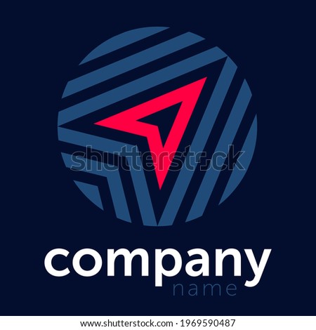 Determined, successful, suggestive of a positive vision, pointing upwards, simbolic delta airplane wing shaped stylized arrow with geometric striped solution arranged in a circle logo. 