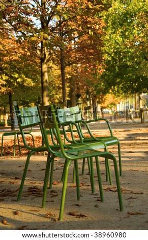 Autumn in Paris. Typical parisian park chairs in the Luxembourg Garden. Paris, France