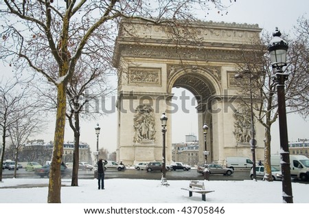 Rare snowy day in Paris. Arc de Triomphe and lots of snow