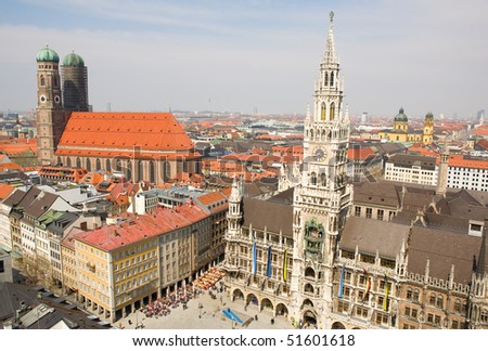 Aerial view of Munchen (Bavaria, Germany) with the New Town Hall and Frauenkirche