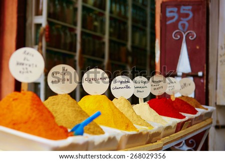 Selection of spices on a traditional Moroccan market (souk) in Marrakech, Morocco