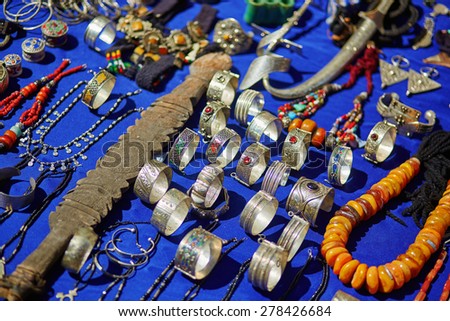 Silver jewelry for sale on a street in Medina of Chefchaouen, Morocco, small town in northwest Morocco known for its blue buildings