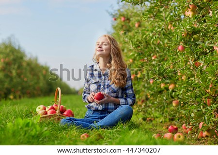 Similar – Image, Stock Photo Woman picking ripe apples on farm. Farmer grabbing apples from tree in orchard. Fresh healthy fruits ready to pick on fall season. Harvest time in countryside