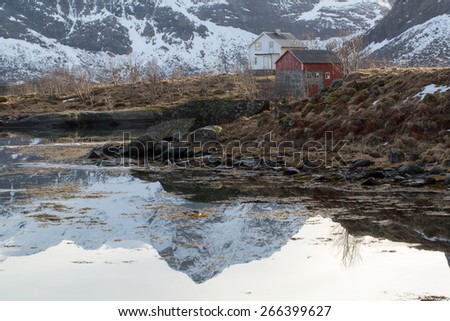 Fishermen\'s cabin and Winter landscape reflections, Selfjord, Lofoten, Norway