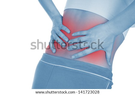 severe pain in the kidneys, shown red, keep handed, isolated on white background