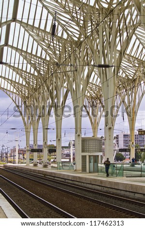 Wonderful view of the beautiful and modern architectural design of the Gare do Oriente train station in Lisbon, Portugal.