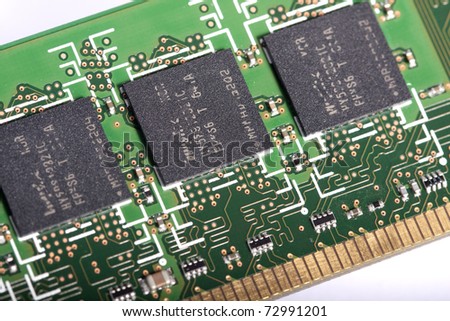 close view of the circuits of a modern computer memory chip.